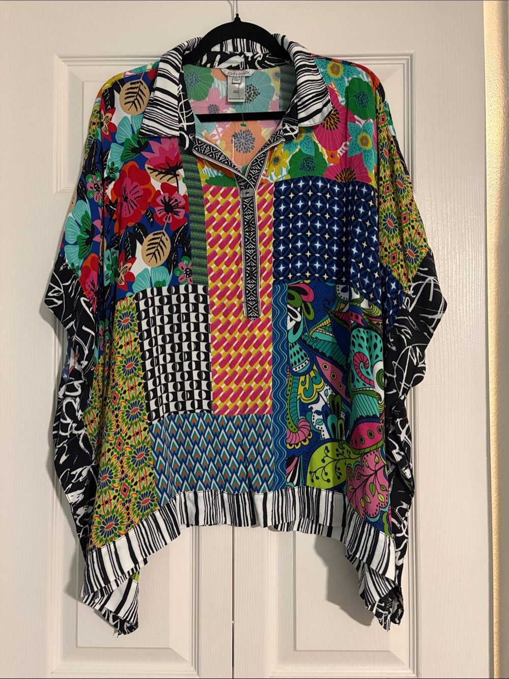 John Mark Multicolor Patchwork V-Neck Tunic - Pink, Blue, Green, Yellow, Black